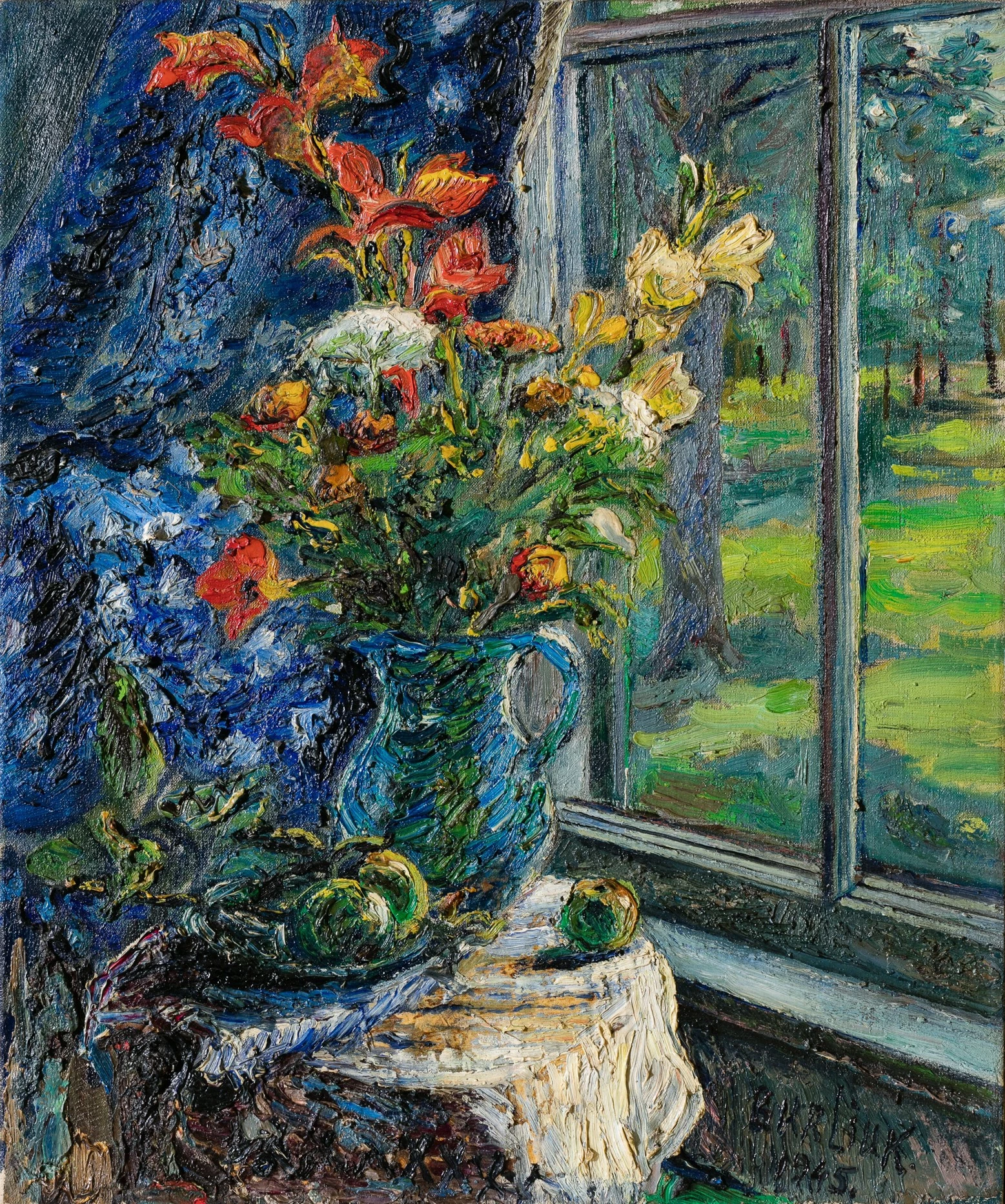 Давид Бурлюк (1882-1967) Букет цветов в синем кувшине. 1945  Холст, масло. 